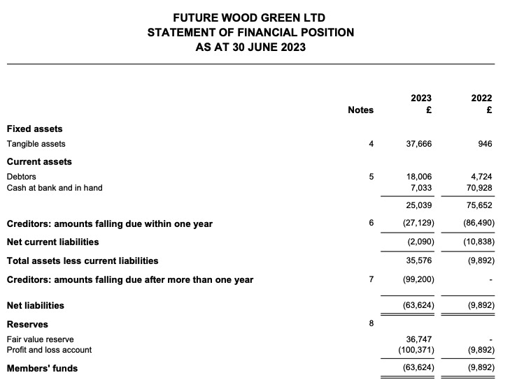 Example of balance sheet with net liabilities, for Future Wood Green Ltd