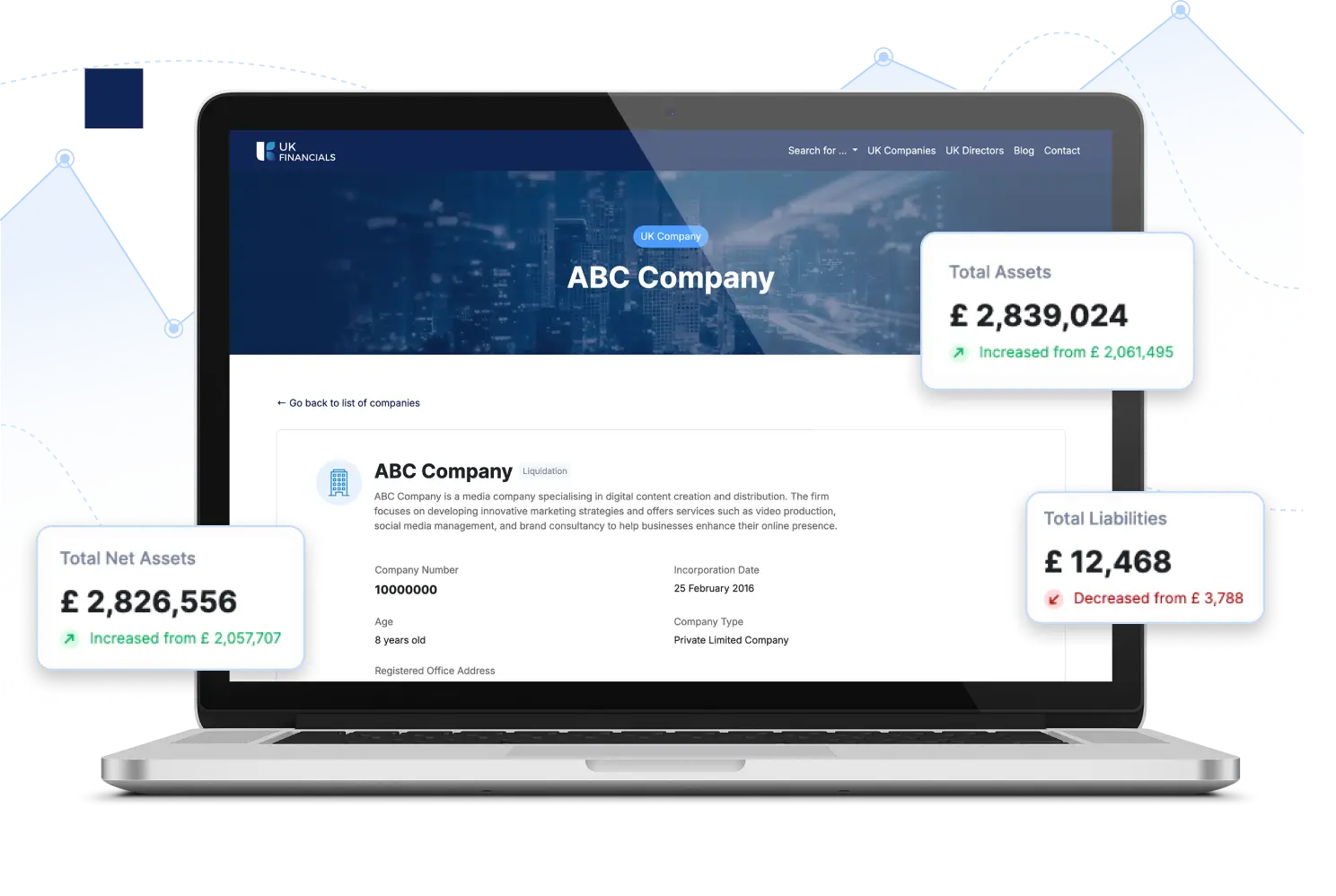 Laptop screen displaying UK company search interface for assessing business risks, researching competitors, and finding new sales leads