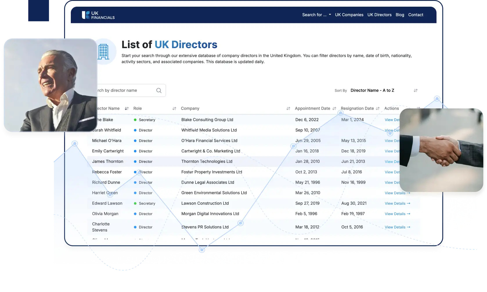 Laptop screen displaying UK director search interface